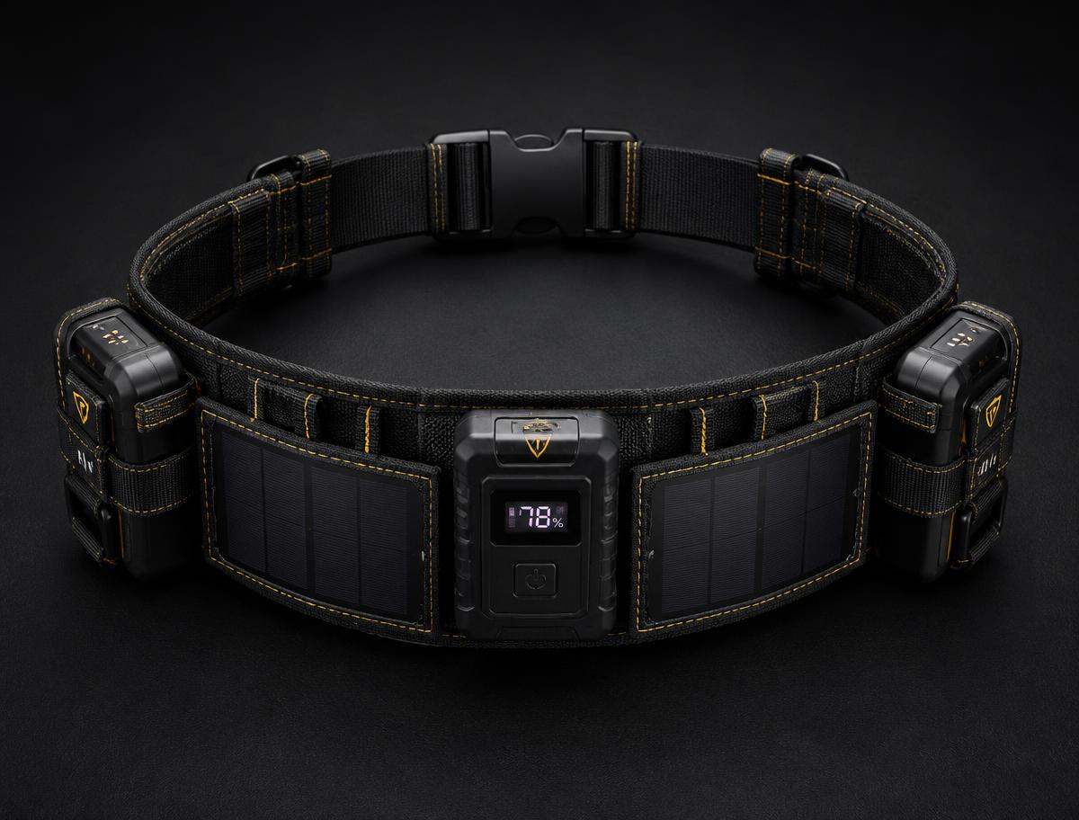 Top view of the Solar Charge Tool Belt showing solar panels, power hub and battery holsters