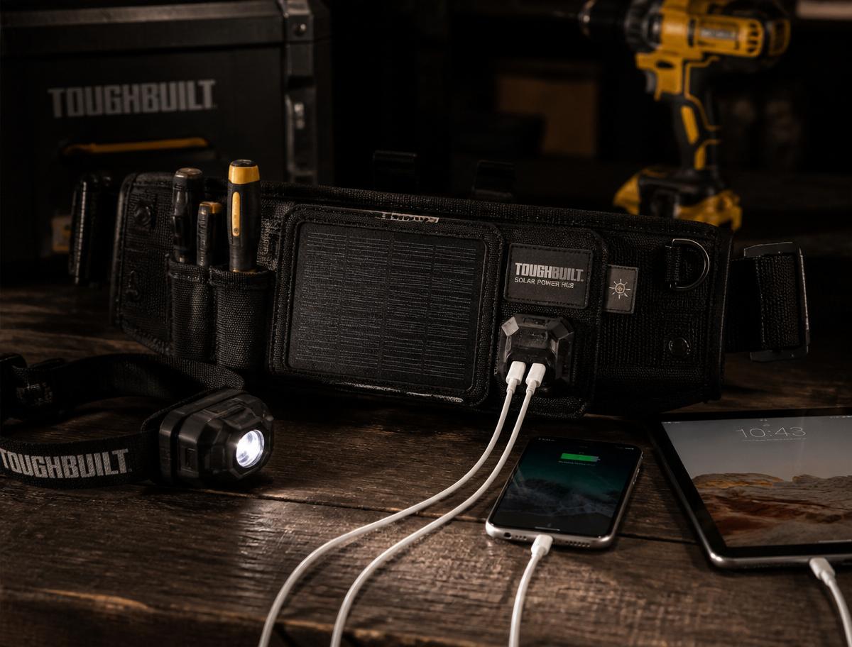 Solar Charge power hub charging a phone, tablet and headlamp on a workbench