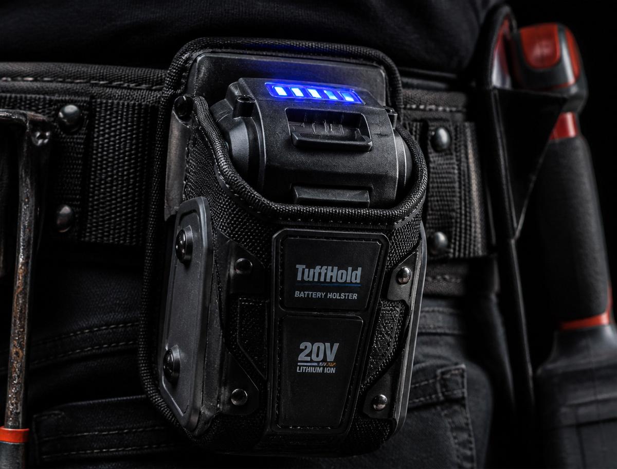 Battery holster with glowing LED charge indicator holding a 20V tool battery